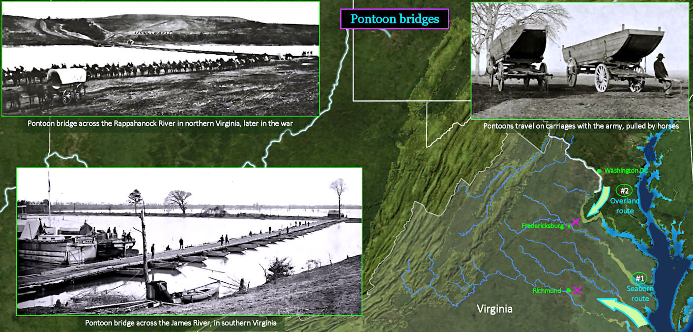 Pontoon bridges and rivers, Civil War map